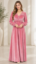 Front view of model wearing dusty pink lace trim velvet maxi dress