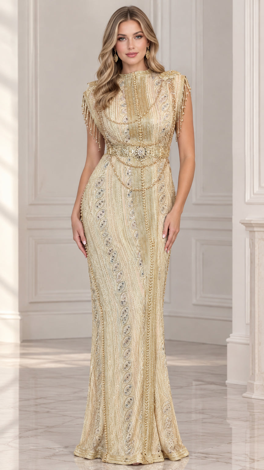 Champagne Gold beaded sequin evening gown with high neckline and fringe shoulders front view