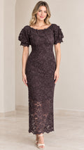 Front full view of woman wearing dark plum floral lace short sleeve maxi dress