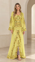 Front full-length view of yellow embroidered beaded maxi kaftan dress