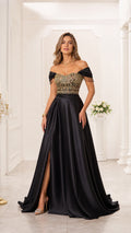 Model wearing black off-the-shoulder evening gown with embroidered bodice and satin slit skirt