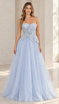 Front view of model wearing light blue strapless beaded tulle ball gown