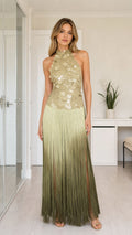 Front full view of sage green halter sequin paillette fringe maxi dress