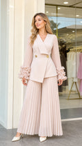 Blush pink asymmetrical wrap blazer and pleated wide-leg pant set front view