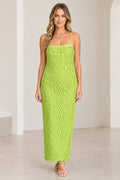 Front view of woman wearing Lime Green textured fringe spaghetti strap maxi dress