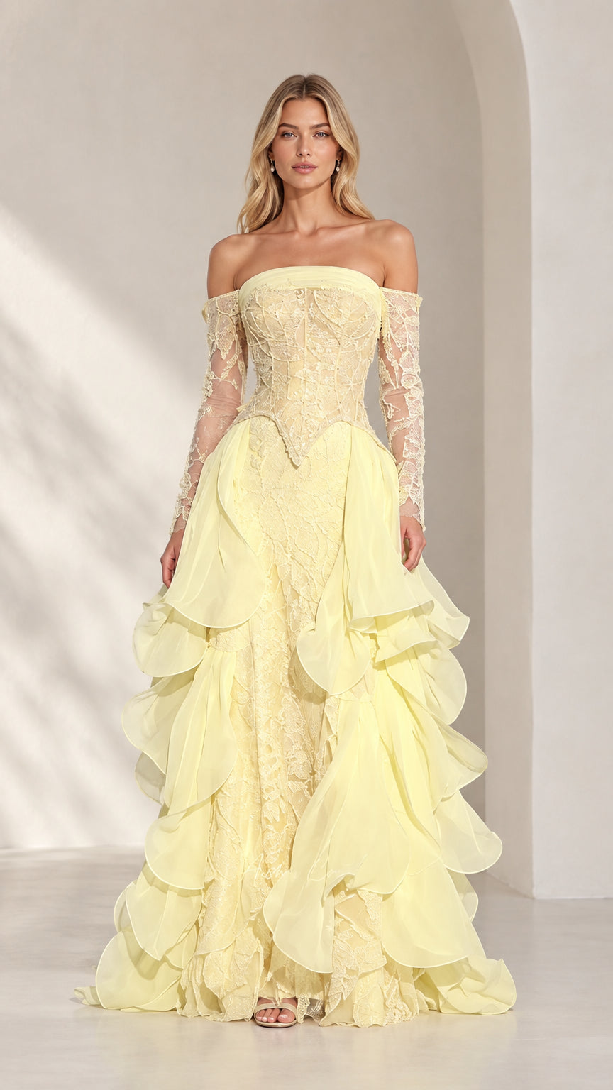 Model wearing pastel yellow off-the-shoulder lace corset gown with tiered ruffle skirt - front view