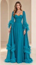 Teal sweetheart neckline evening gown with tiered tulle ruffle statement sleeves, front view