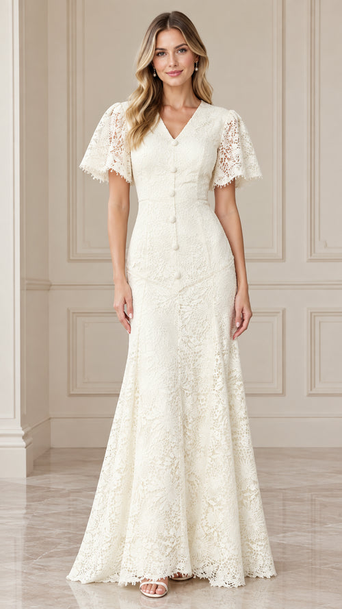 Front full view of woman wearing ivory floral lace V-neck mermaid maxi dress with flutter sleeves