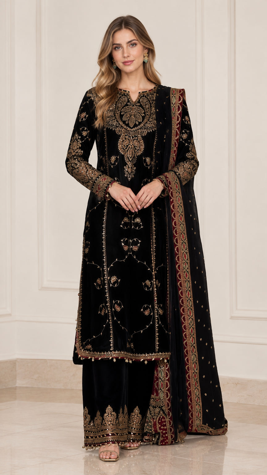 Front full view of black embroidered velvet kurta palazzo suit set with dupatta