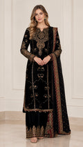 Front full view of black embroidered velvet kurta palazzo suit set with dupatta