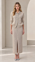 Beige rhinestone embellished knit cardigan and maxi skirt two-piece set front view