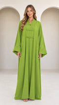 Front view of model wearing olive green mandarin collar frog button long sleeve abaya maxi dress