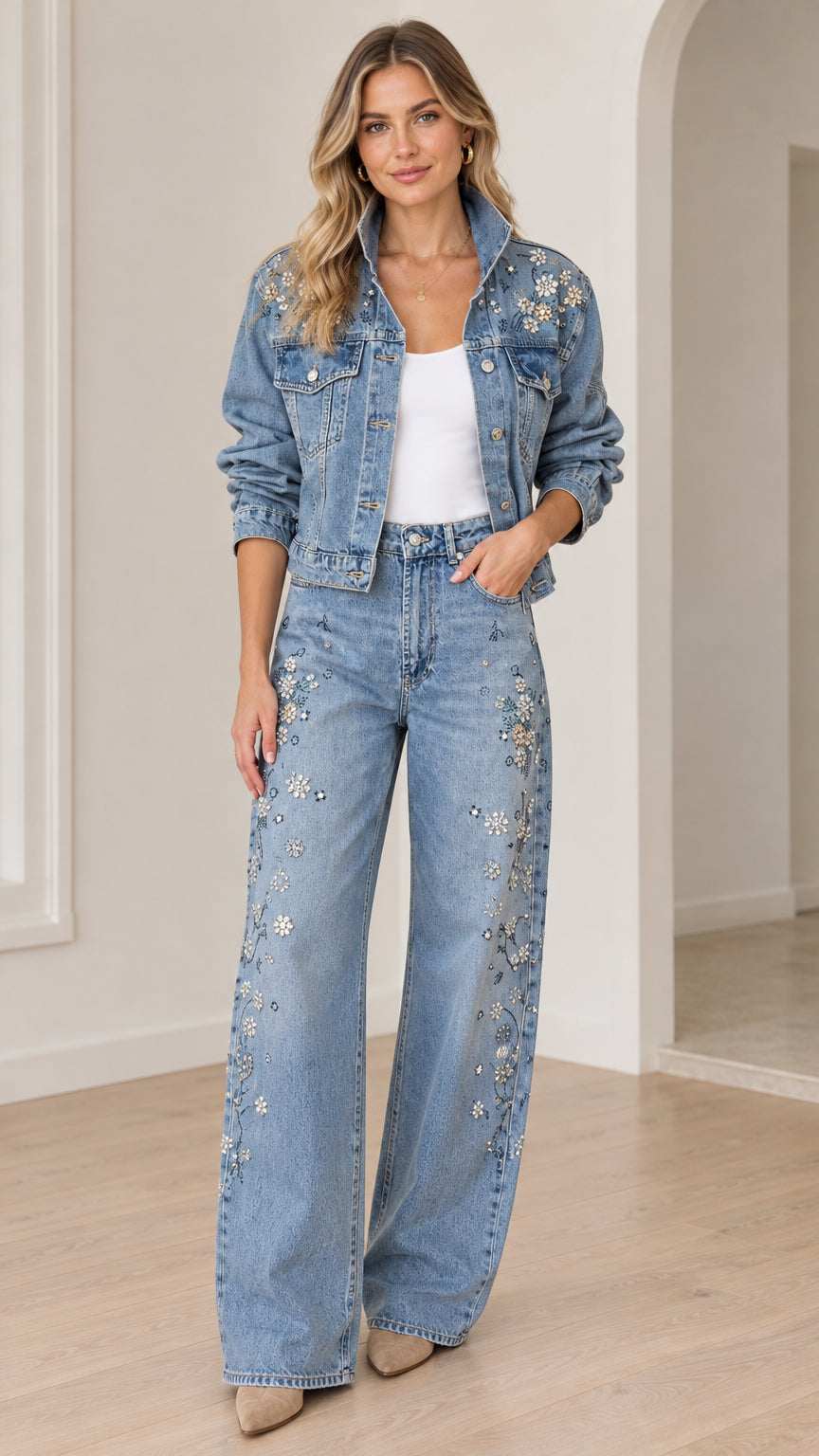 Model wearing light blue floral embellished denim jacket and wide-leg jeans two-piece set, full front view