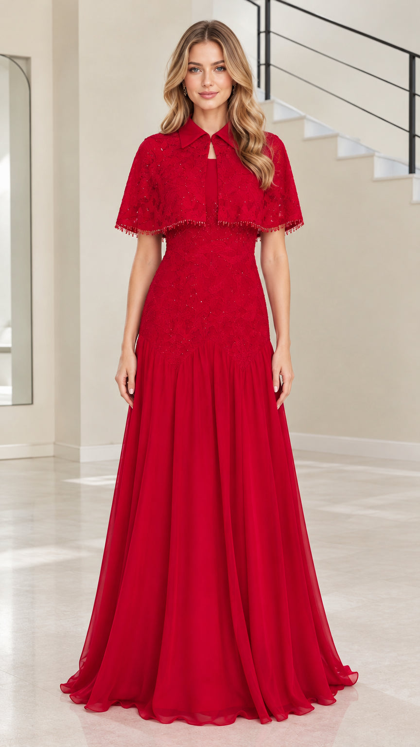 Front view of woman wearing red capelet evening dress with beaded lace bodice