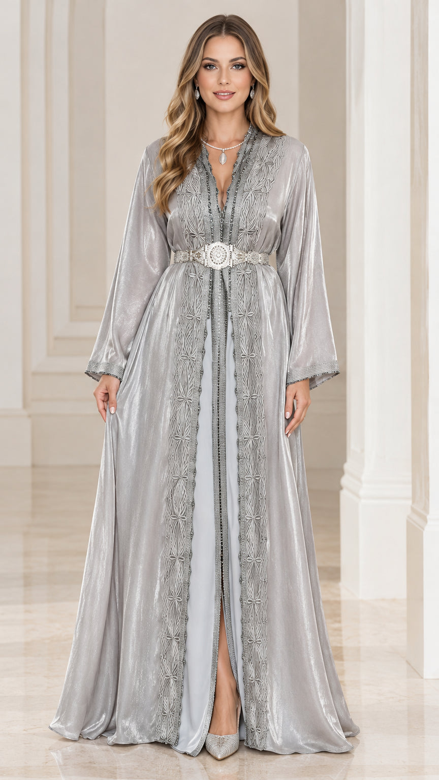 Full front view of elegant silver shimmering caftan maxi dress with belt