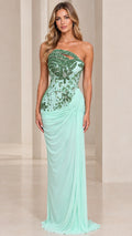 Front view of model wearing mint green asymmetrical beaded cutout evening gown