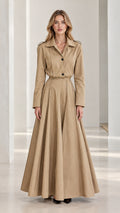 Full front view of khaki long sleeve pleated trench maxi dress