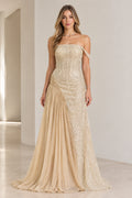 Champagne sequined off-the-shoulder evening gown with pleated side drape front view