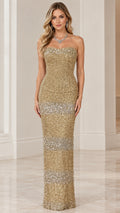 Front view of model wearing gold strapless beaded column evening gown