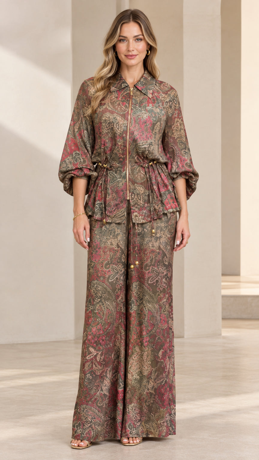 Olive Multi paisley print two-piece set with zip-front blouse and wide-leg trousers - front view