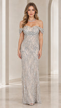 Front view of champagne off-the-shoulder sequin evening maxi gown