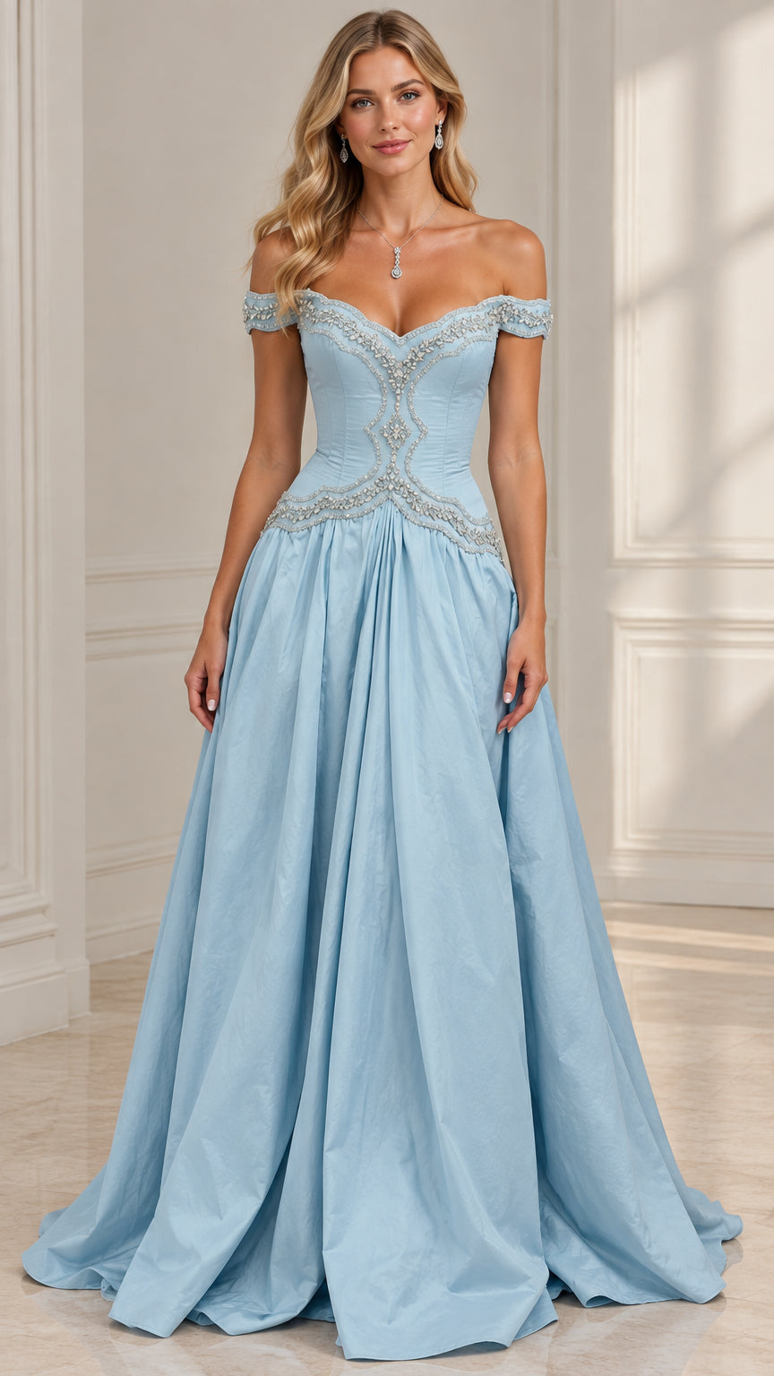 Front view of model wearing sky blue off-the-shoulder beaded basque waist ball gown