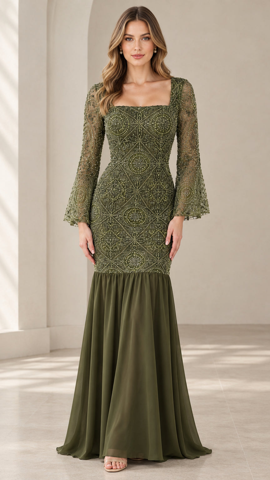 Front view of woman wearing an olive green beaded lace mermaid evening gown with long bell sleeves