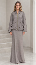 Front full view of grey beaded tweed bomber jacket and matching maxi skirt set