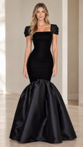 Front view of black square neck puff sleeve mermaid evening dress