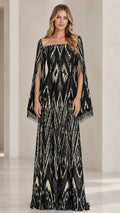 Black geometric sequin floor-length evening gown with square neckline and cape sleeves front view