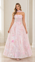 Front view of model wearing strapless blush pink 3D floral sequin evening gown with matching neck scarf