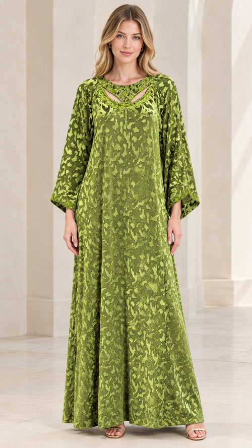 Full front view of Olive Green textured velvet kaftan maxi dress with beaded cutout neckline