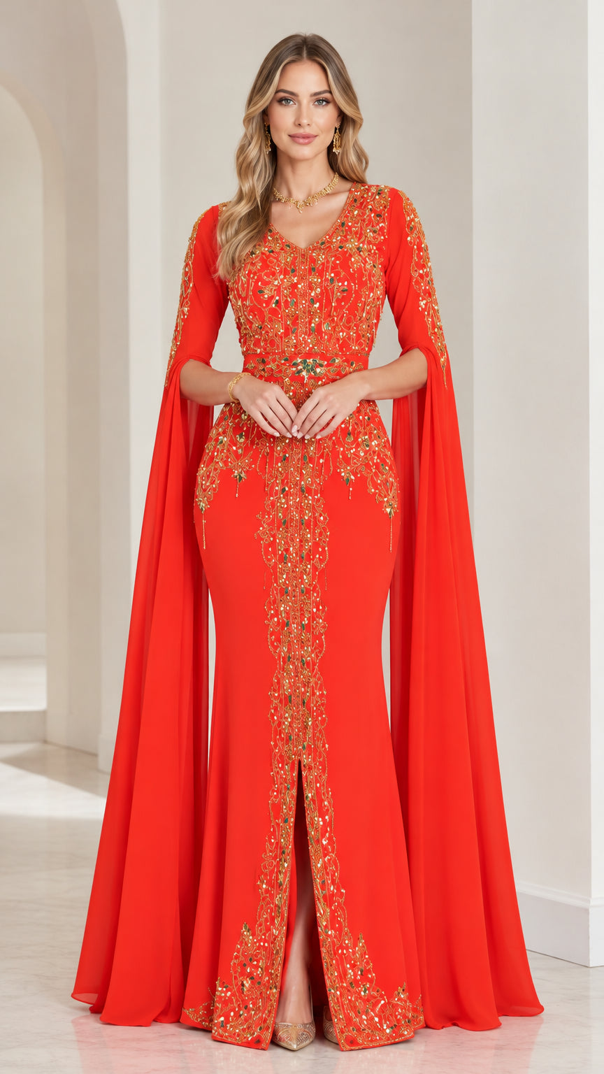 Full front view of model wearing a red embroidered cape sleeve evening gown with front slit