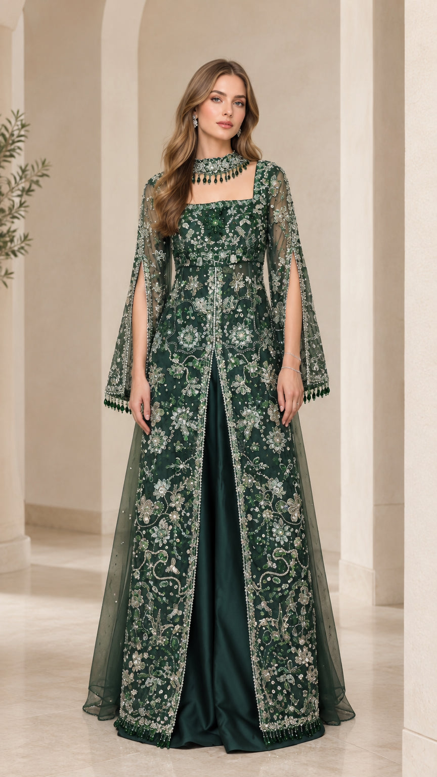Emerald green embroidered floor-length formal evening gown with slit cape sleeves and beaded collar