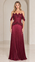 Front view of woman wearing burgundy off-the-shoulder beaded fringe evening maxi gown