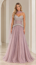 Full front view of strapless dusty mauve evening gown with beaded corset bodice and matching neck scarf