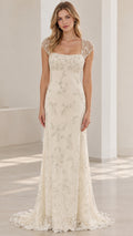 Ivory beaded cap sleeve maxi evening gown with square neckline front view