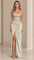 Front view of model wearing sage green embellished corset satin evening gown with high slit