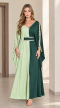 Front full view of two-tone sage and forest green kaftan maxi dress with gold trim