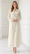 Front full view of Ivory beaded floral lace long tunic set with trousers and scarf
