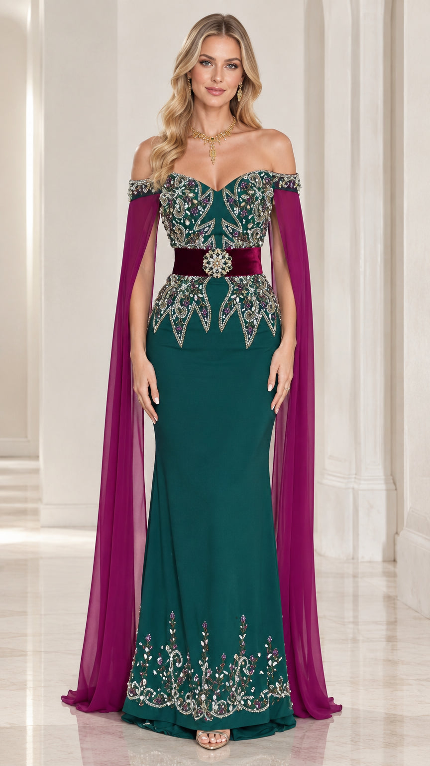 Emerald green off-the-shoulder evening gown with magenta chiffon cape sleeves and beaded bodice front view