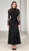 Front view of black floral sequin embroidered long sleeve maxi evening dress