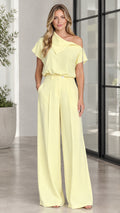 Butter Yellow asymmetric short sleeve top and wide leg pants set front view