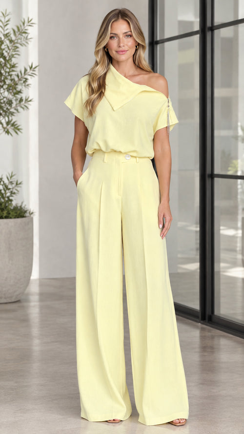 Butter Yellow asymmetric short sleeve top and wide leg pants set front view