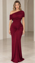 Front view of model wearing burgundy one-shoulder ruched maxi evening dress