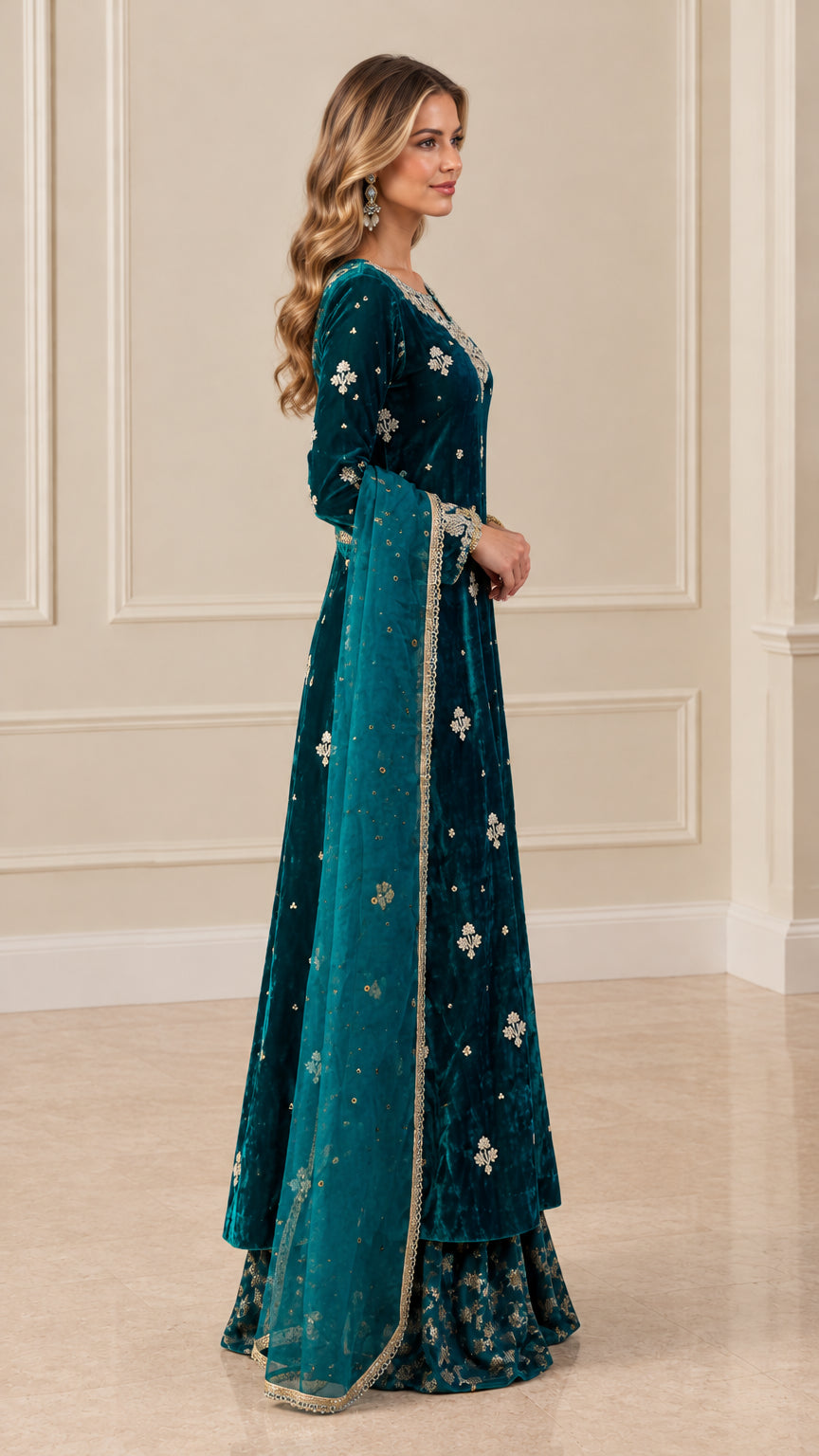 Side profile view of Teal velvet ethnic suit showing flared skirt and drape
