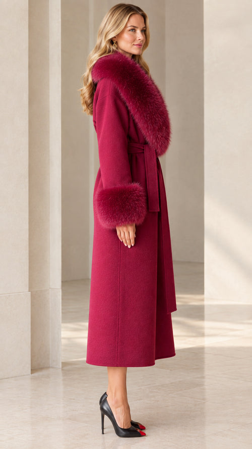 Side profile view of elegant wine red belted long coat with plush collar