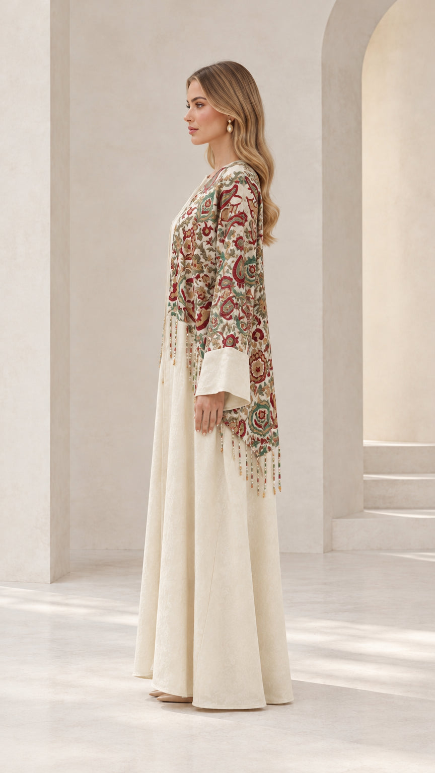 Side profile of cream embroidered cape abaya dress