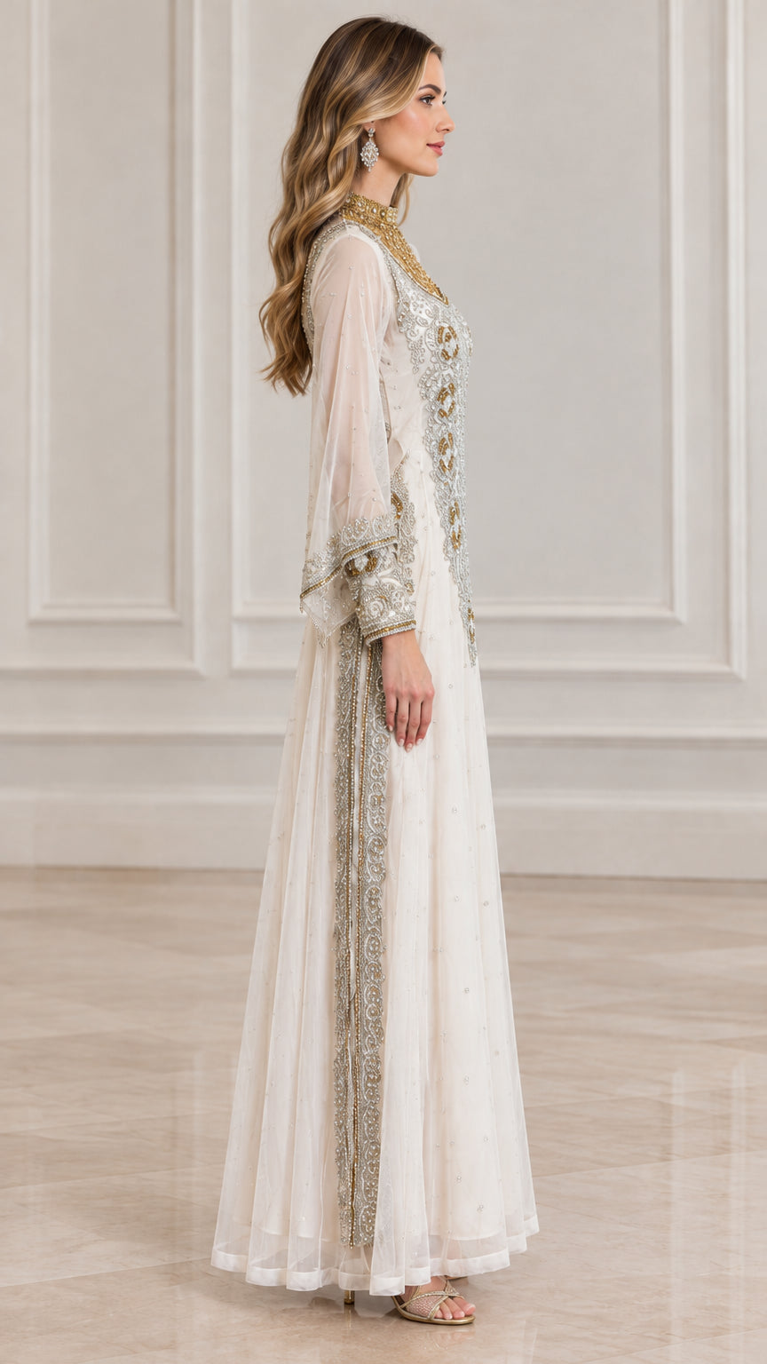 Side profile of ivory white floor-length embroidered maxi dress