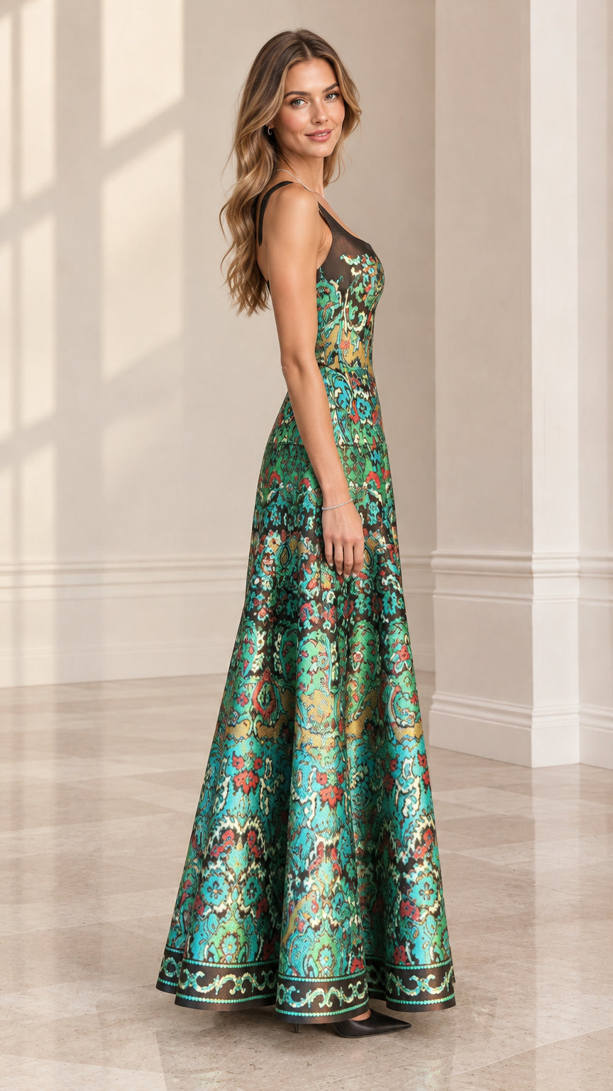 Side profile of model wearing Emerald Green sleeveless brocade maxi dress